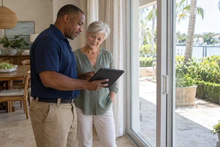 Illustration of a technician reviewing repair options with a homeowner in a coastal home