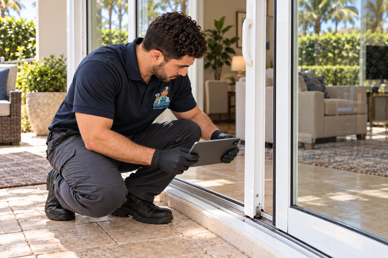 Technician inspecting a sliding door track with a tablet